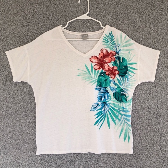 Chico's Tops - Chico's Linen Blend Floral Top Size‎ L V-Neck Short Sleeve Summer
